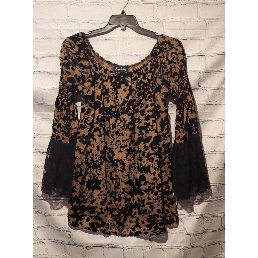 Joseph Ribkoff Womens 10 Velvet Burnout Tunic Top Black Tan Bell Lace Sleeves